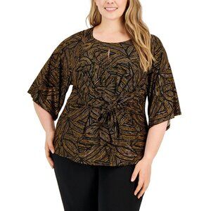 Kasper Plus Size 1X Abstract-Print Tie-Front Top Brown Black MSRP $79